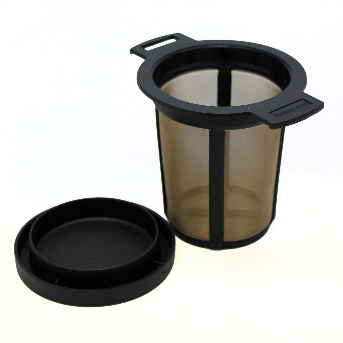 Black & Gold Strainer/Infuser - product with lid off on a white background.
