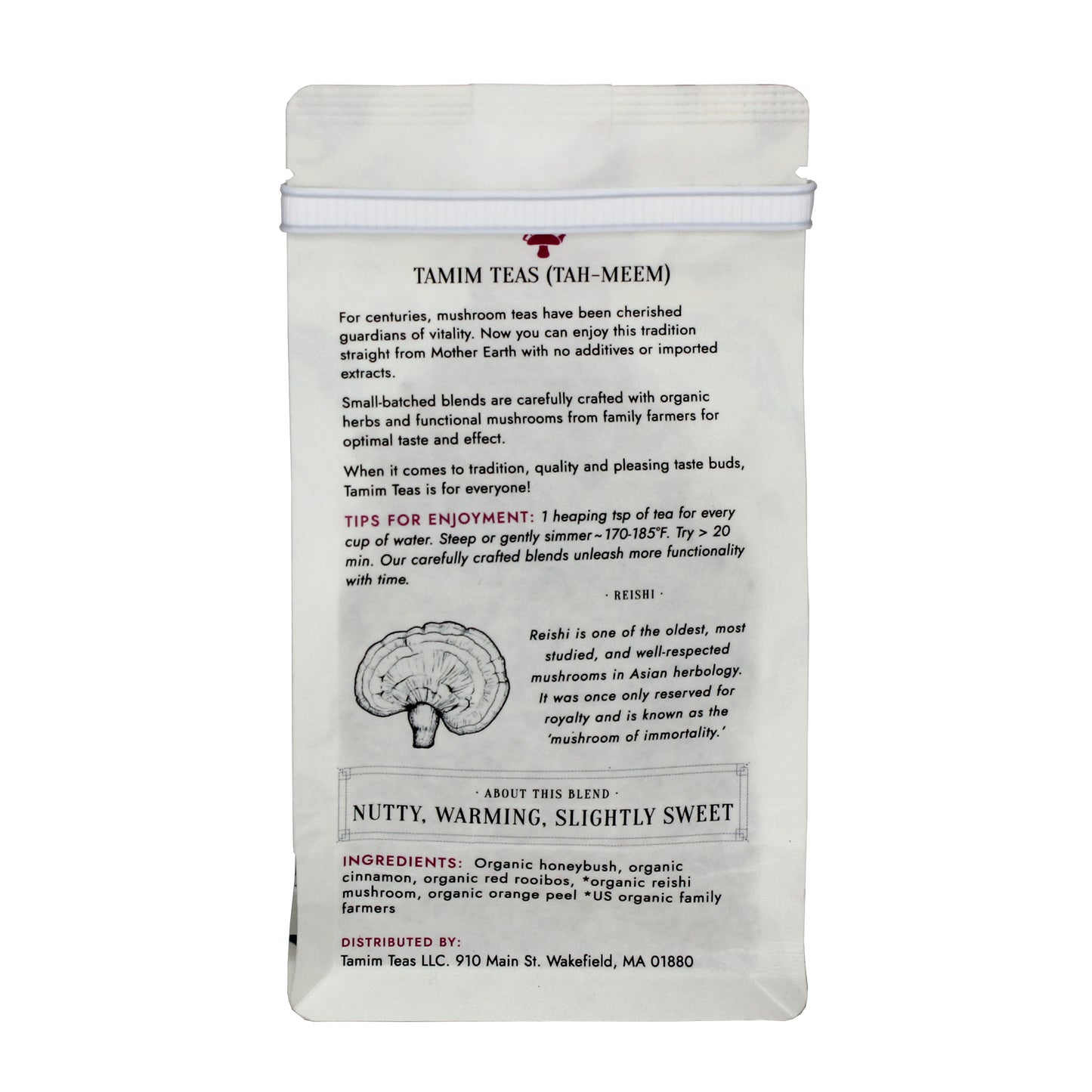 Delight - Tamim Teas - with Reishi & Cinnamon - retail pouch - back About This Blend: Nutty, Warming, Slightly Sweet
