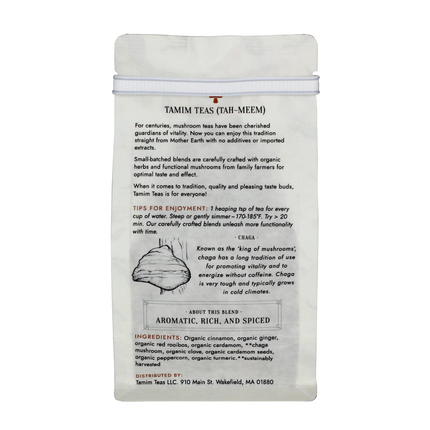 Herbal Chai - Tamim Teas - w Chaga & Turmeric - retail pouch - back About This Blend: Aromatic, Rich, and Spiced