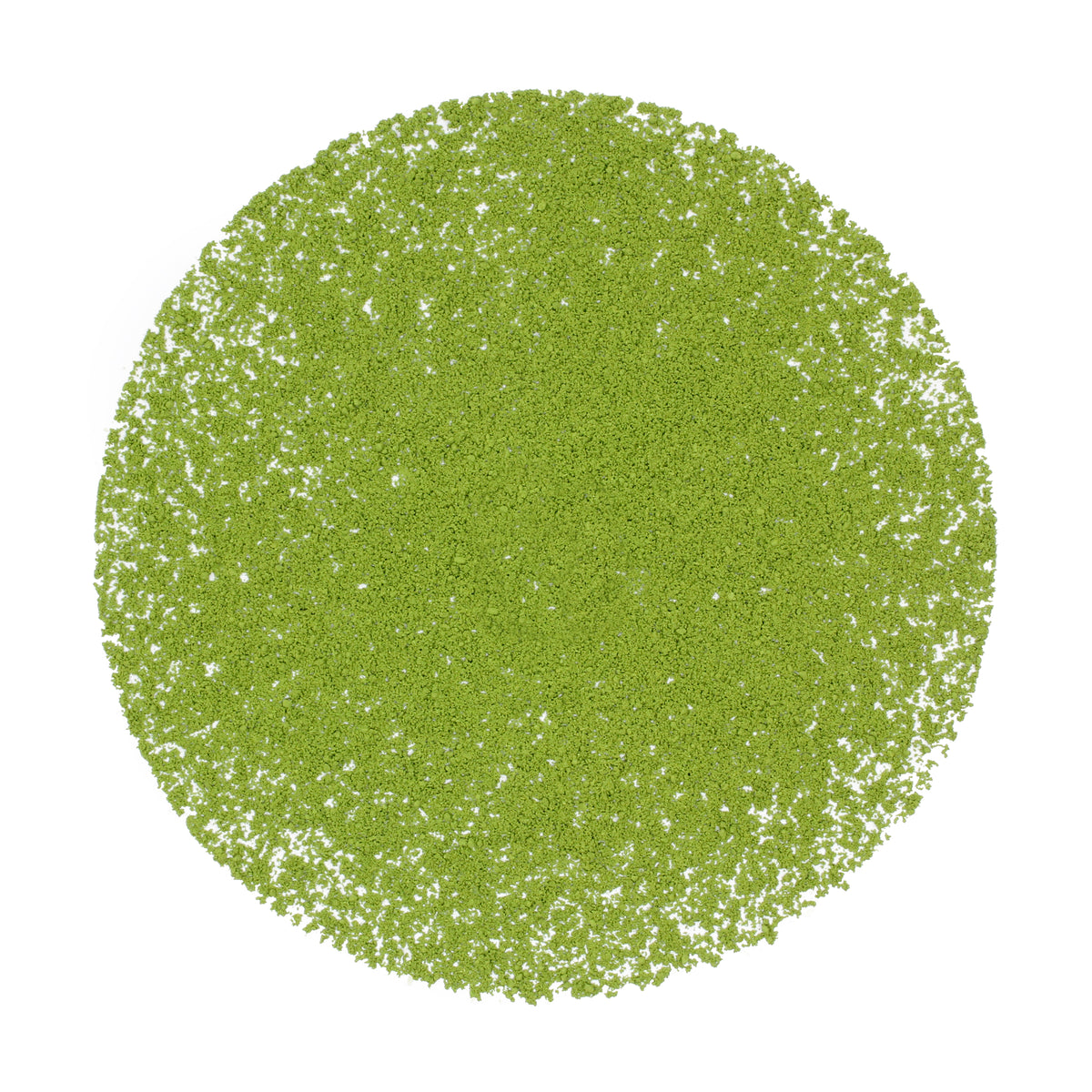 Loose pile of Matcha: Kinrin (Marukyu Koyamaen on a white back ground. Ingredients: Camellia sinensis leaves.