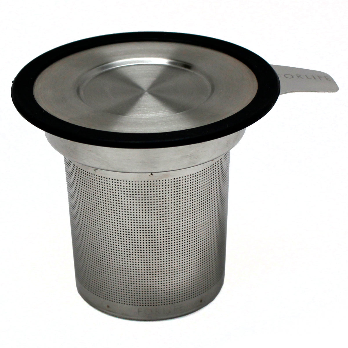 Tea infuser with black rimmed lid on a white background. 