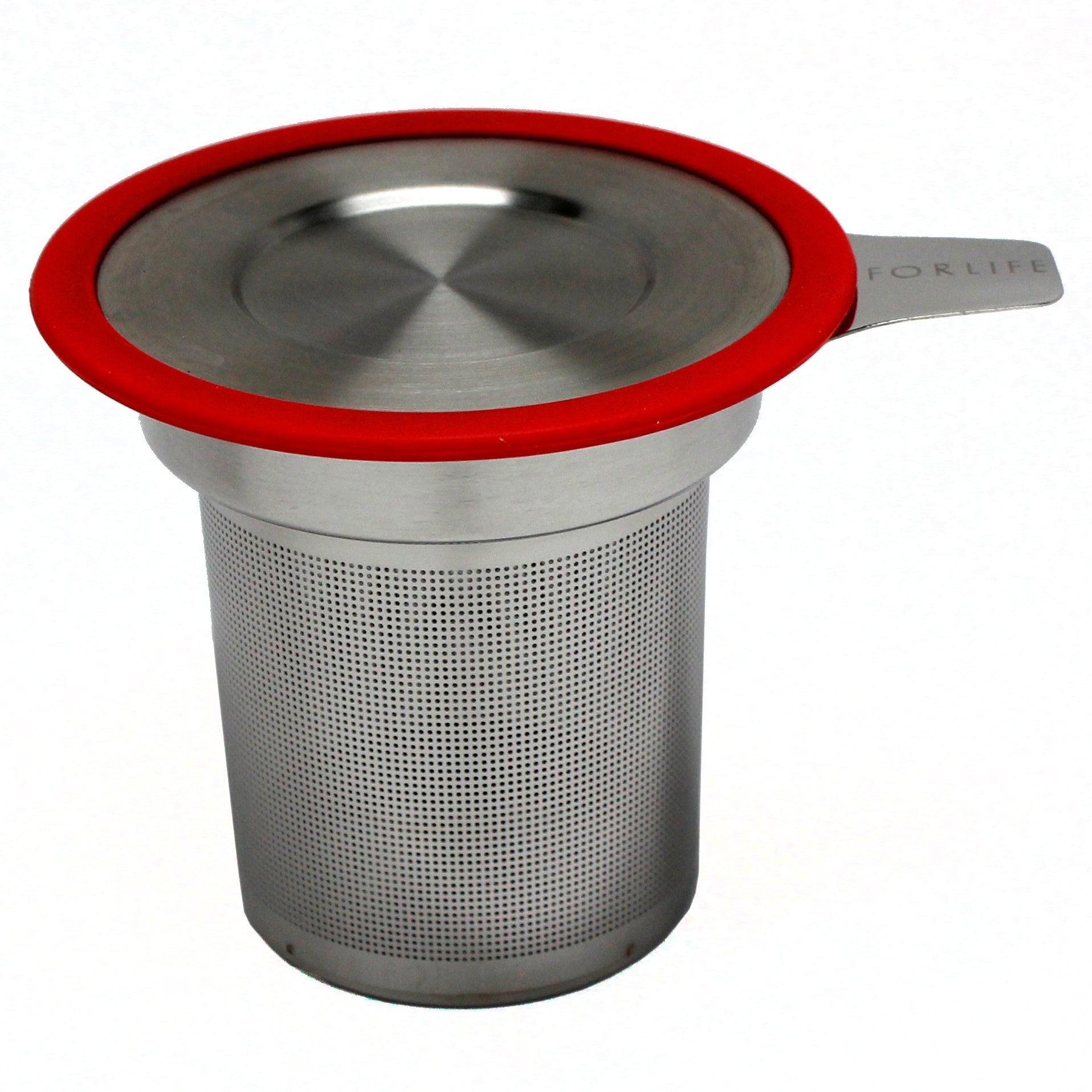 Tea infuser with red rimmed lid on a white background. 