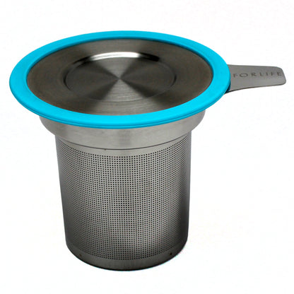 Tea Infuser with blue rimmed lid on a white background. 