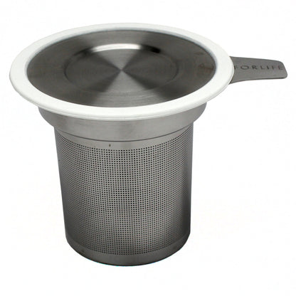 A stainless steel in-mug infuser with tiny holes and a white rimmed lid from FORLIFE.