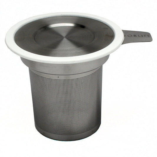 A stainless steel in-mug infuser with tiny holes and a white rimmed lid from FORLIFE.