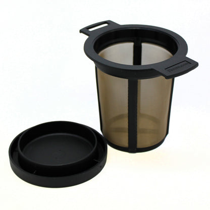 Black & Gold Strainer/Infuser - product with lid off on a white background. 