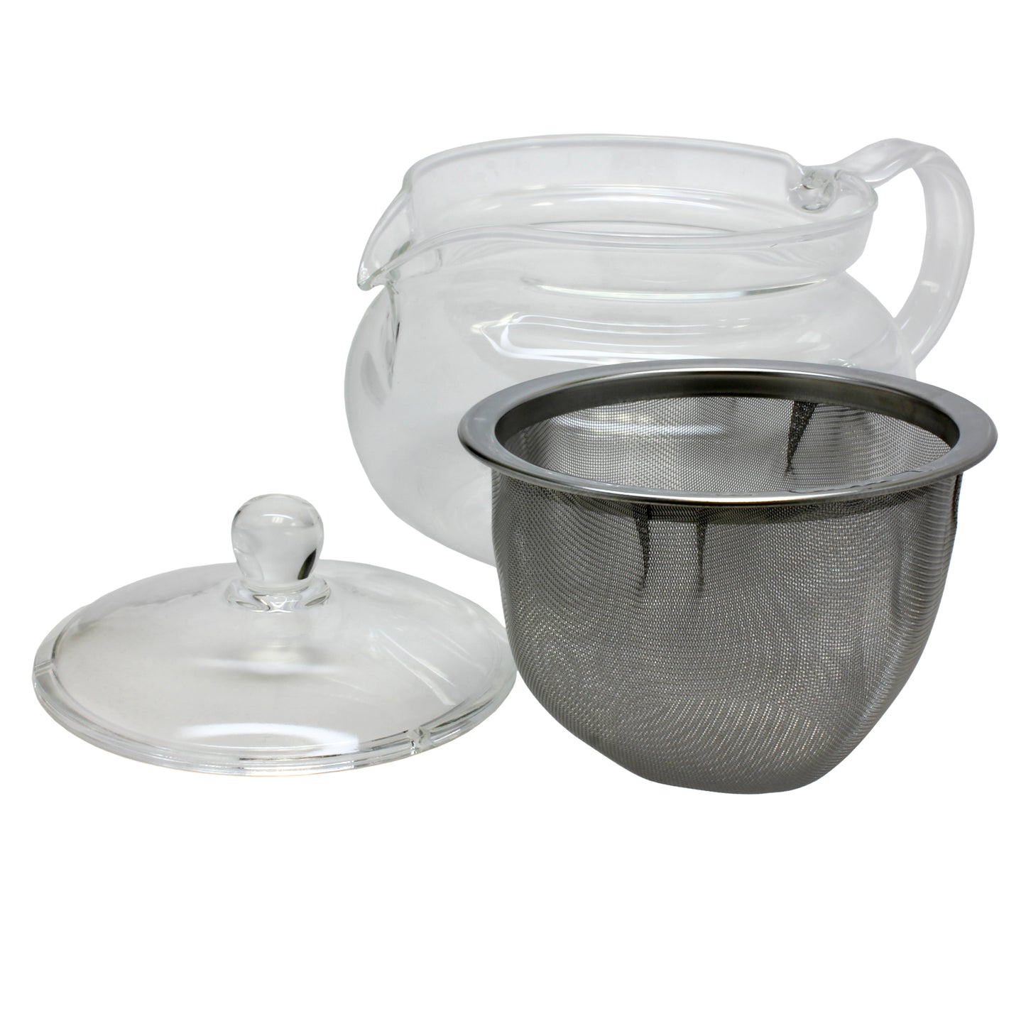 The glass lid and strainer in front of the Hario glass teapot. 
