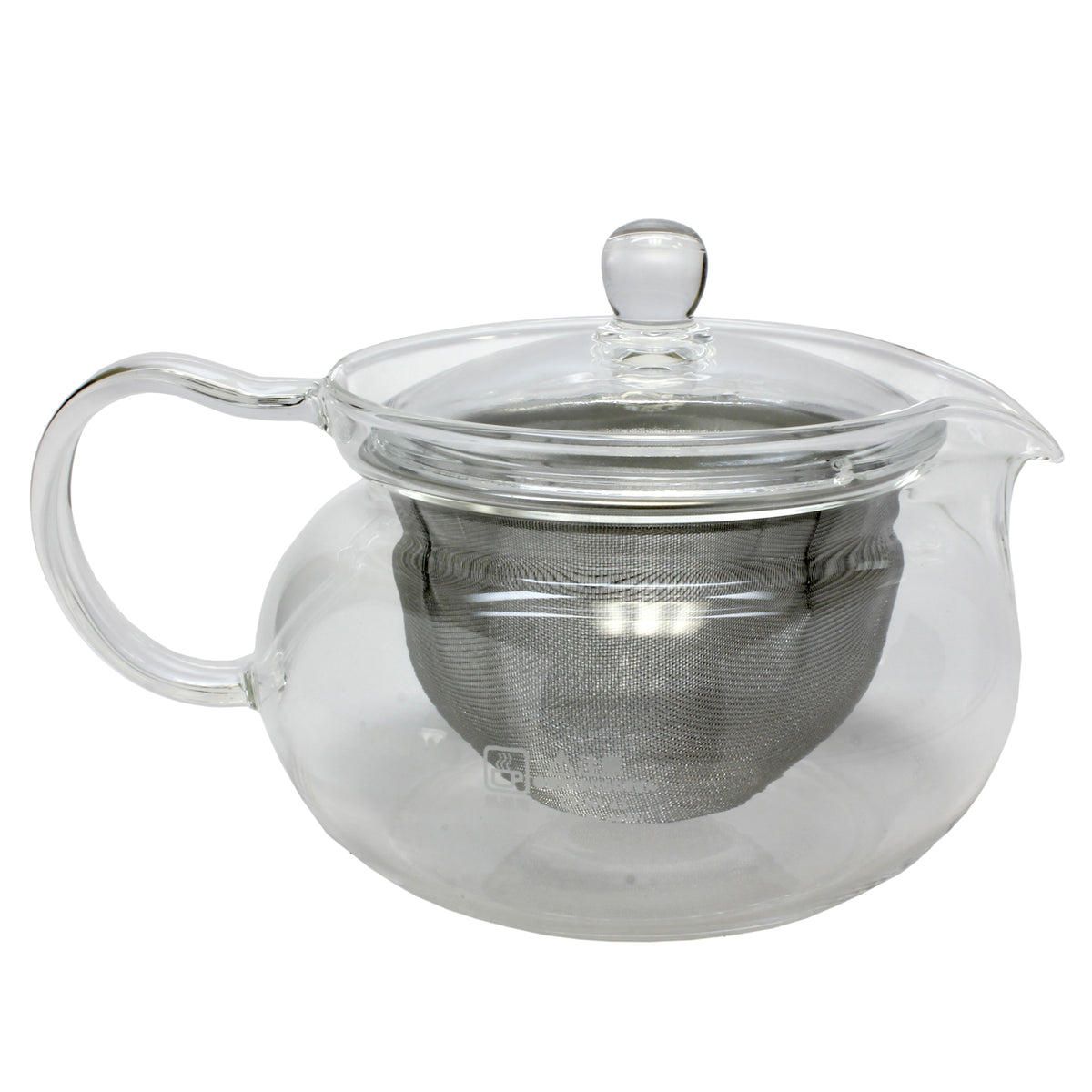 A clear glass teapot with a stainless steel infuser basket inside, featuring a large handle on the side.