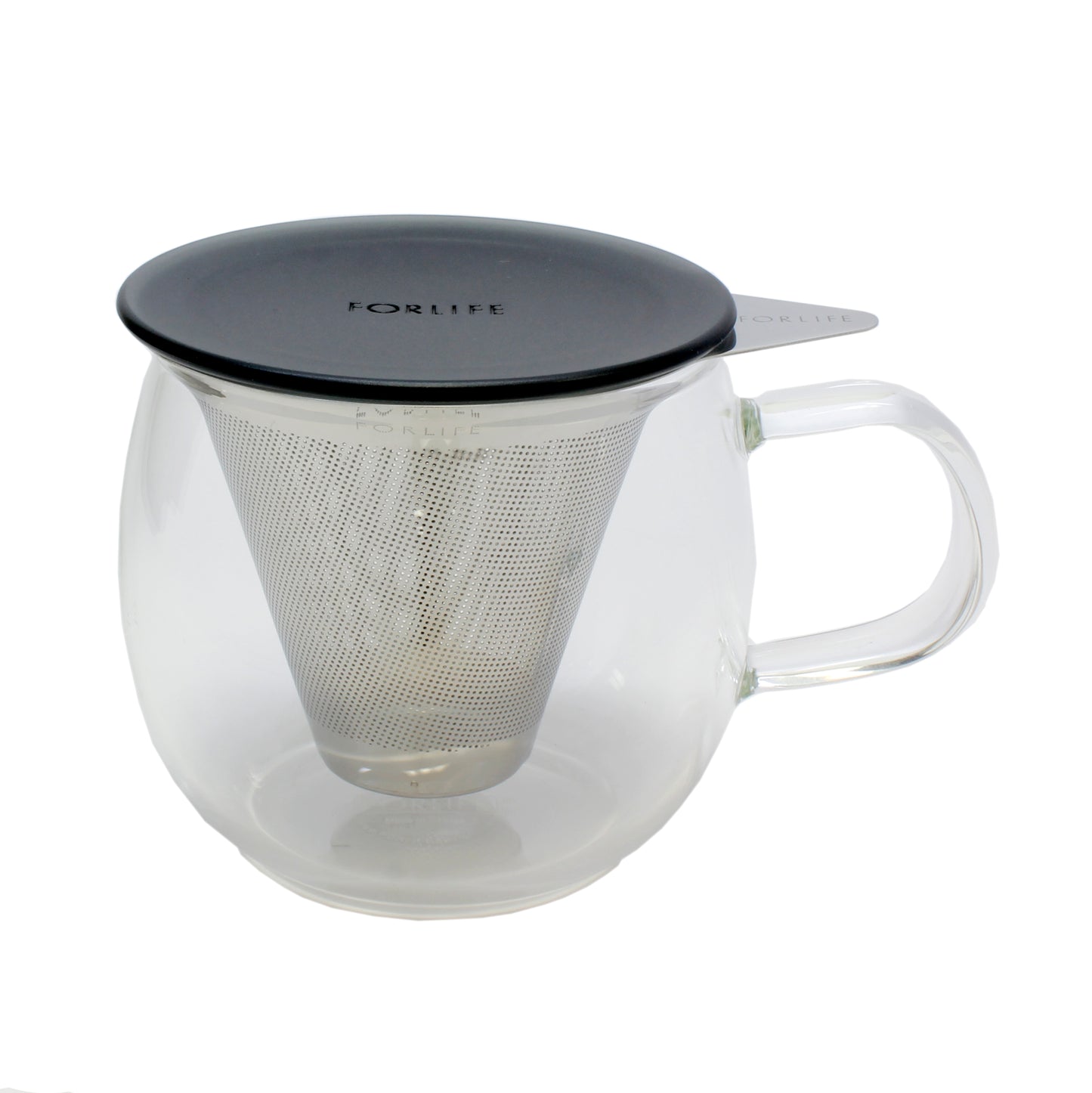 A clear glass mug with a stainless-steel infuser inside, featuring a black lid that doubles as a coaster, on a white background.