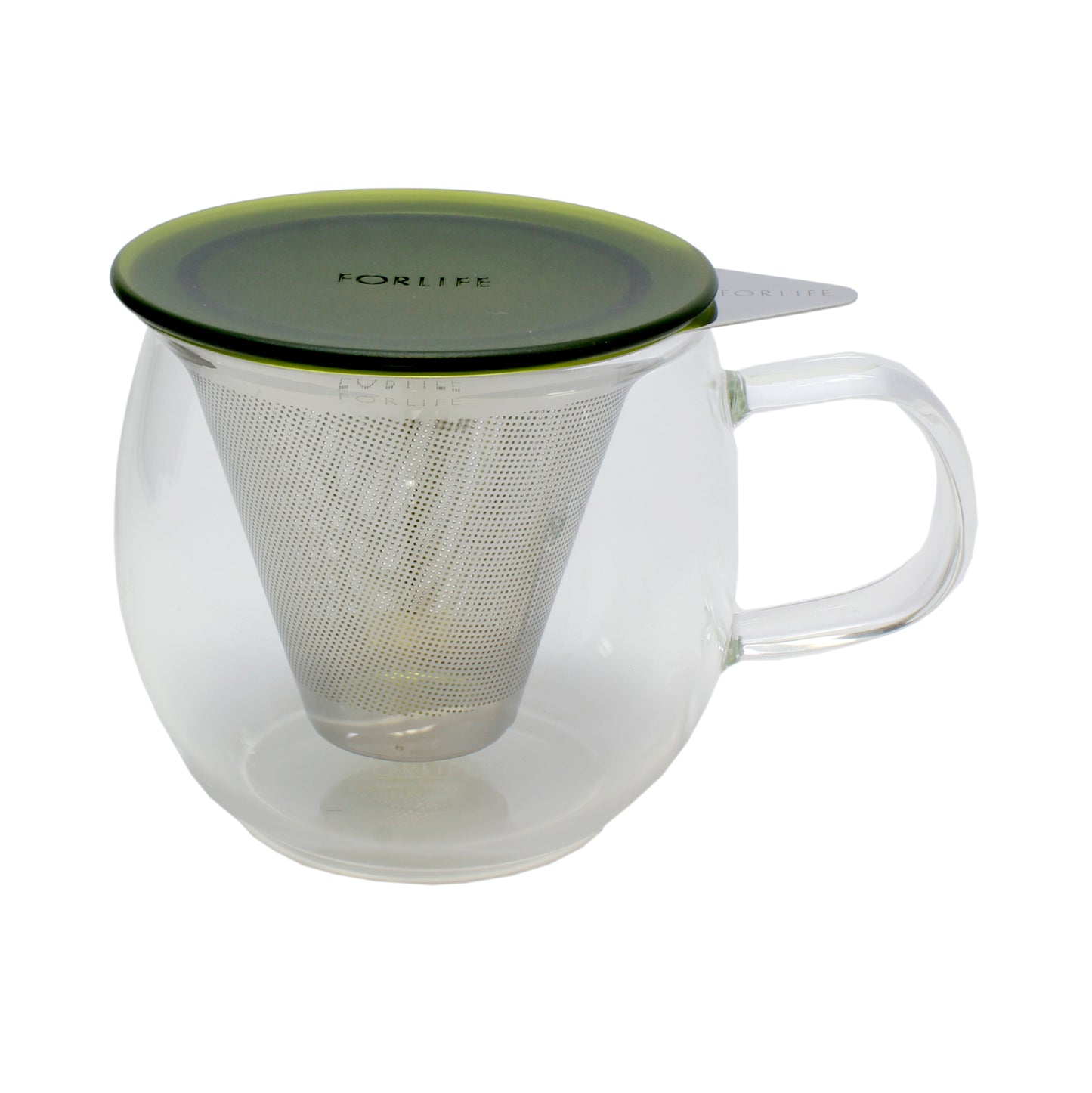The glass mug has the strainer and lid on top on a white background. 