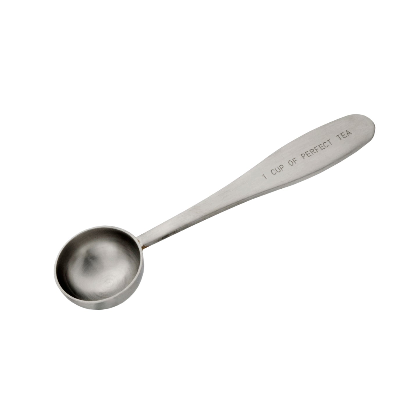 A stainless steel teaspoon with the inscription 'CUP OF PERFECT TEA' on the handle.
