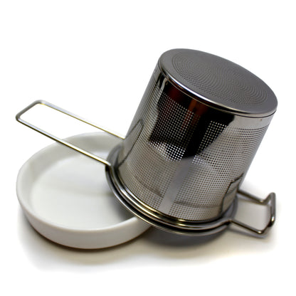 Dry strainer upside down on a white dish on a white back ground. 