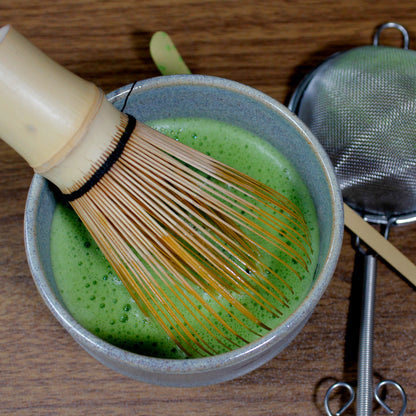 Aoarashi Ingredient Grade Matcha - Marukyu Koyamaen - Uji, Kyoto, Japan - whisked in a Matcha bowl with whisk, scoop and shifter. Tasting Notes:
baby spinach • cucumber • split pea