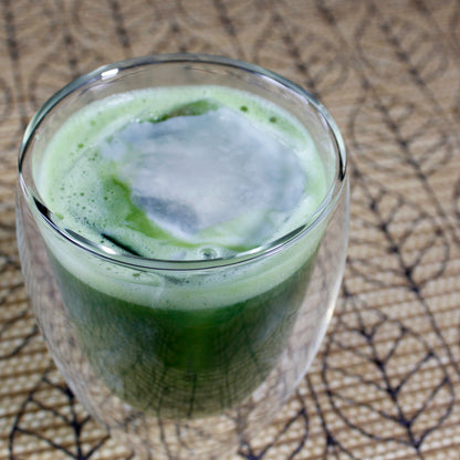 Aoarashi Ingredient Grade Matcha - Marukyu Koyamaen - Uji, Kyoto, Japan - latte iced with milk in a bubble cup. Tasting Notes:
baby spinach • cucumber • split pea
