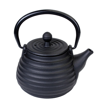 Black cast iron teapot on a white background, The tea pot has a beehive shape making the outside bumpy in texture. 