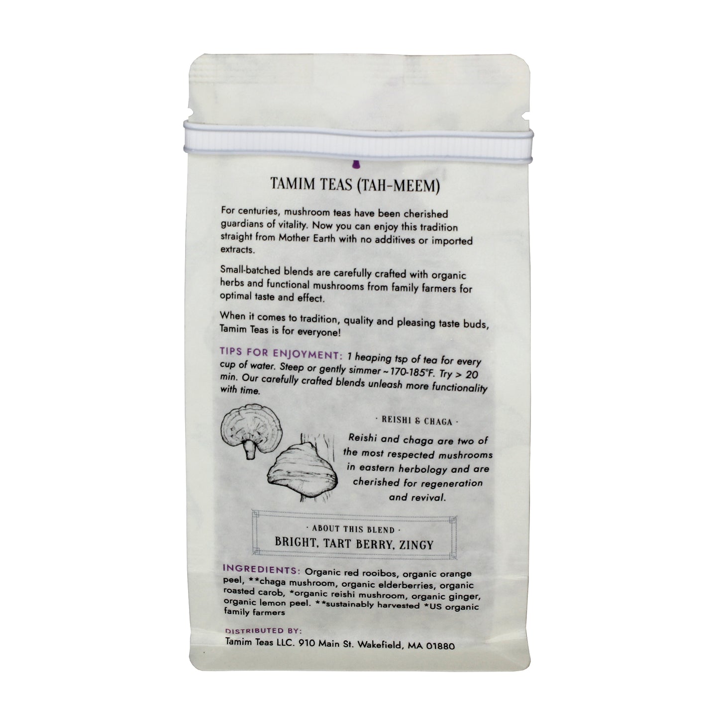 Boost - Tamim Teas - w Reishi & Chaga - retail pouch - back About This Blend: Bright, Tart Berry, Zingy
