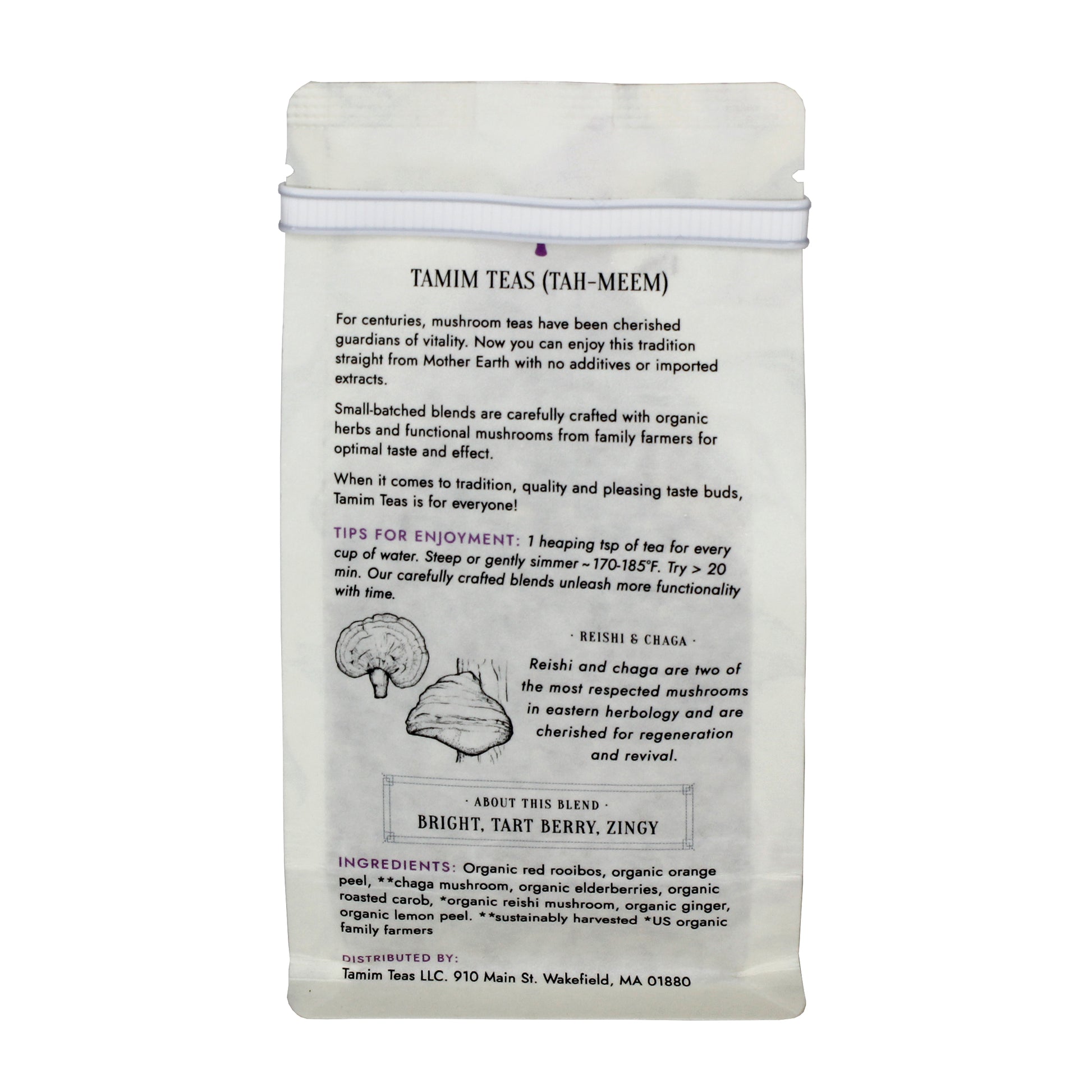 Boost - Tamim Teas - w Reishi & Chaga - retail pouch - back About This Blend: Bright, Tart Berry, Zingy