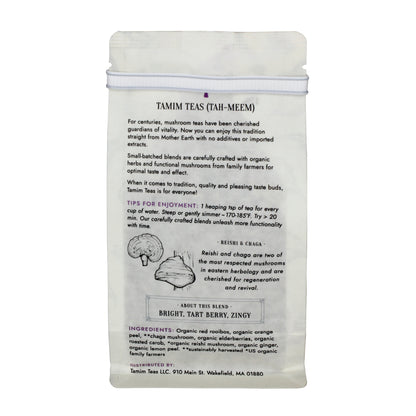 Boost - Tamim Teas - w Reishi & Chaga - retail pouch - back About This Blend: Bright, Tart Berry, Zingy