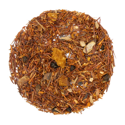Loose pile of Boost - Tamim Teas - w Reishi & Chaga - product. Ingredients: Organic red rooibos, organic orange peel, **chaga mushroom, organic elderberries, organic roasted carob, *organic reishi mushroom, organic ginger, organic lemon peel. **sustainably harvested *US organic family farmers