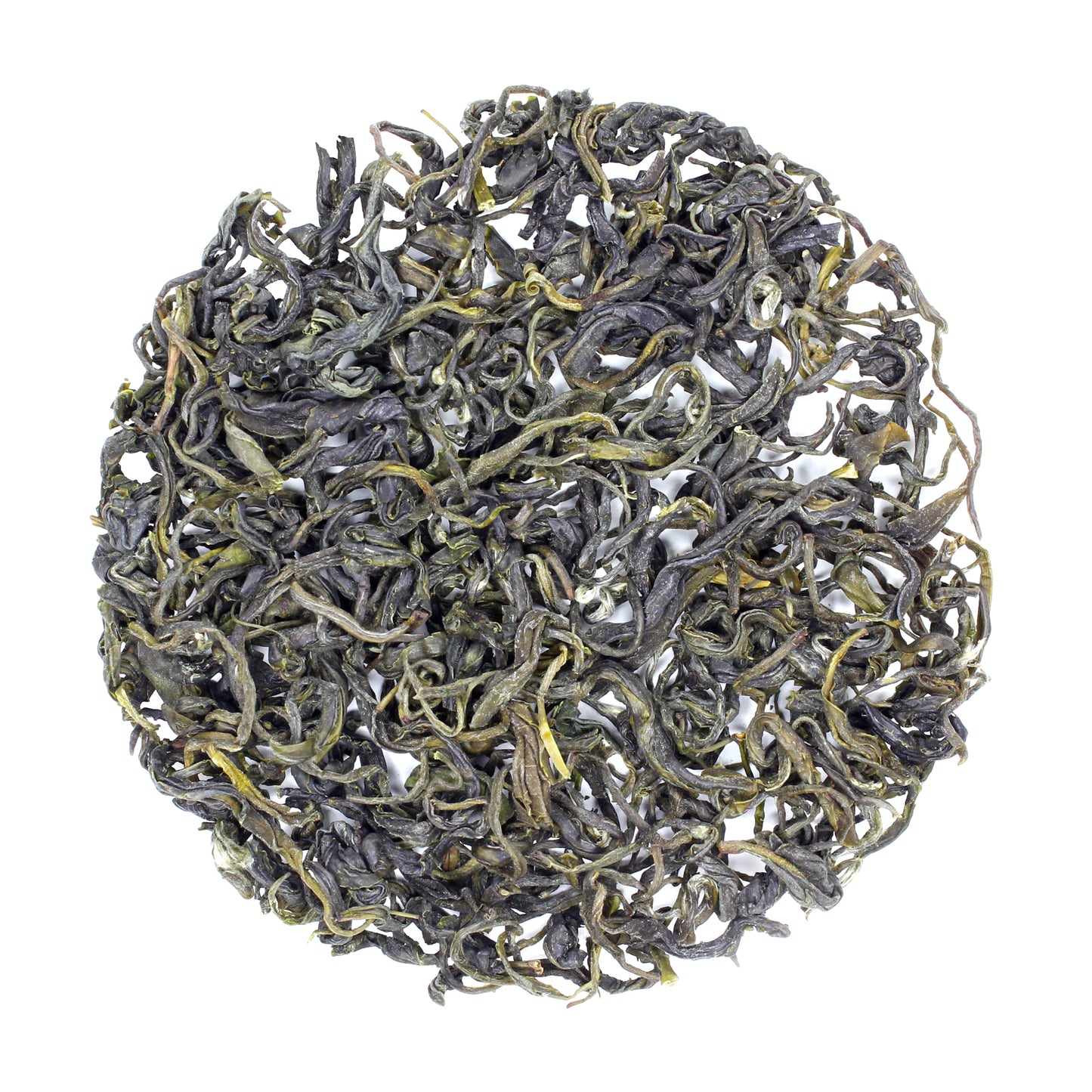 Loose pile of China Green Jade: Mao Jian on a white background. Ingredients: Camellia sinensis leaves.