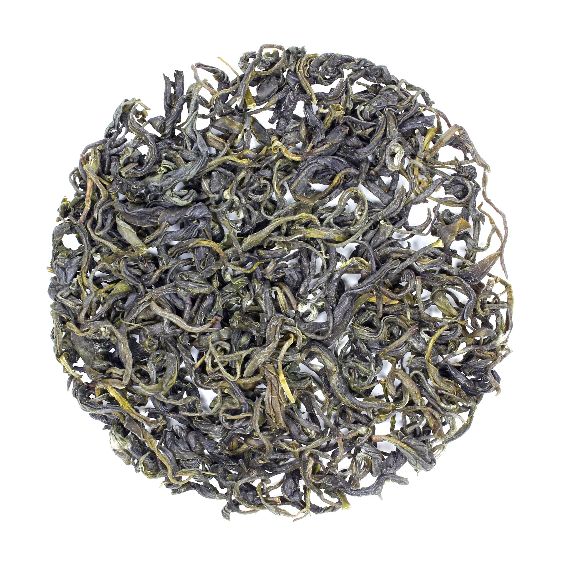 Loose pile of China Green Jade: Mao Jian on a white background. Ingredients: Camellia sinensis leaves.