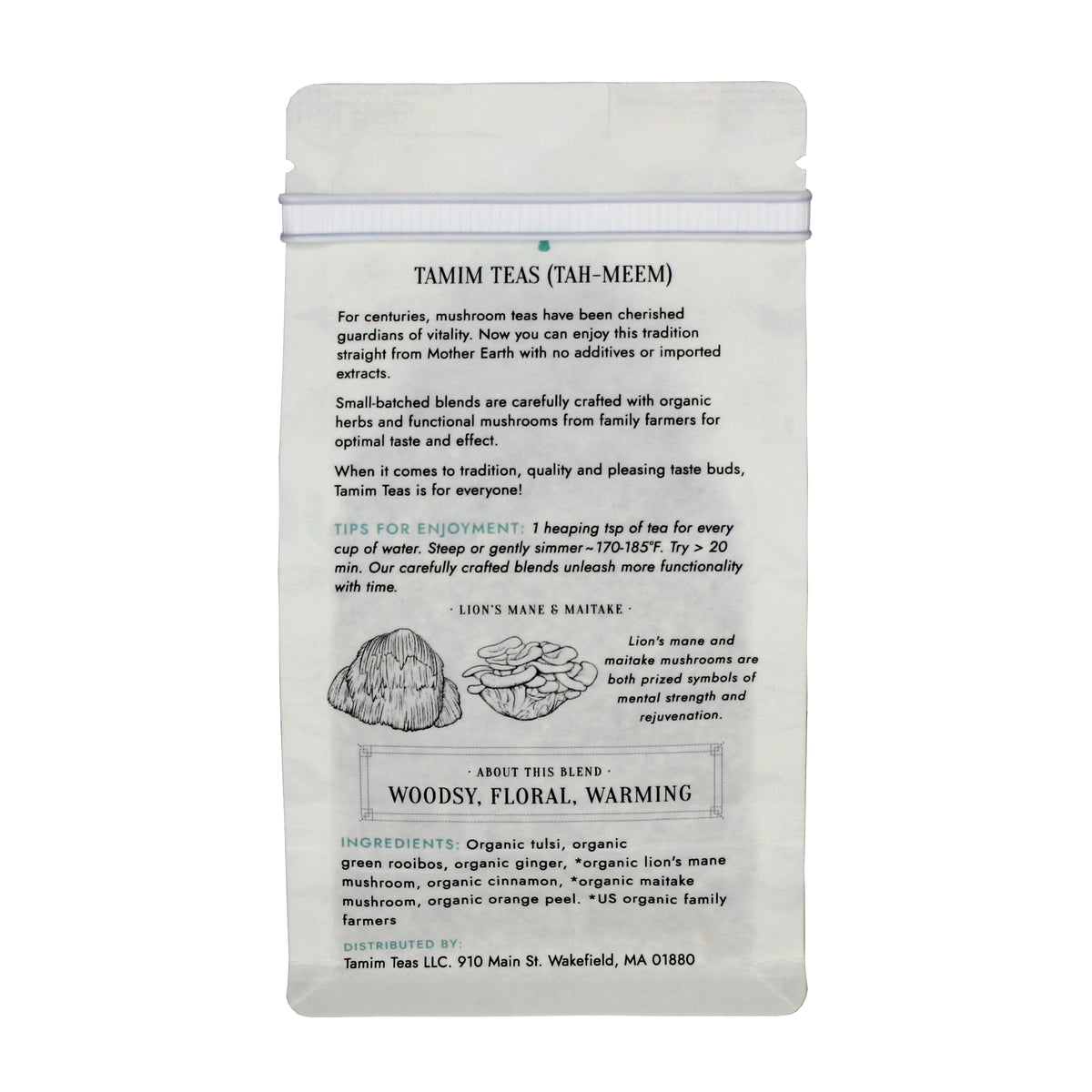 Clarity - Tamim Teas - with Lion's Mane & Maitake - retail pouch - back
About This Blend: Woodsy, Floral, Warming