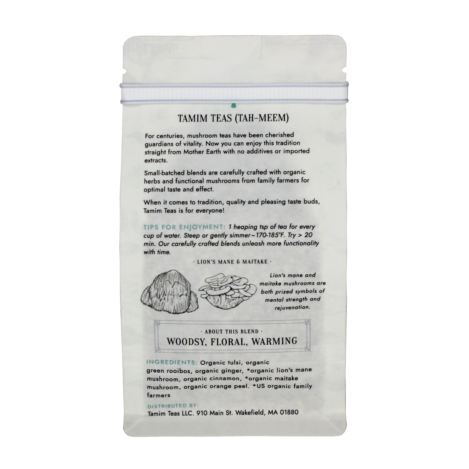 Clarity - Tamim Teas - with Lion's Mane & Maitake - retail pouch - back
About This Blend: Woodsy, Floral, Warming