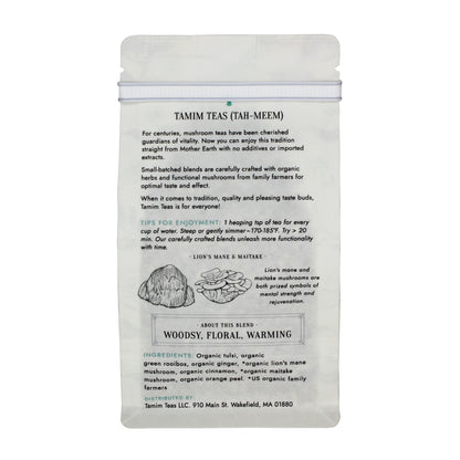 Clarity - Tamim Teas - with Lion's Mane & Maitake - retail pouch - back
About This Blend: Woodsy, Floral, Warming