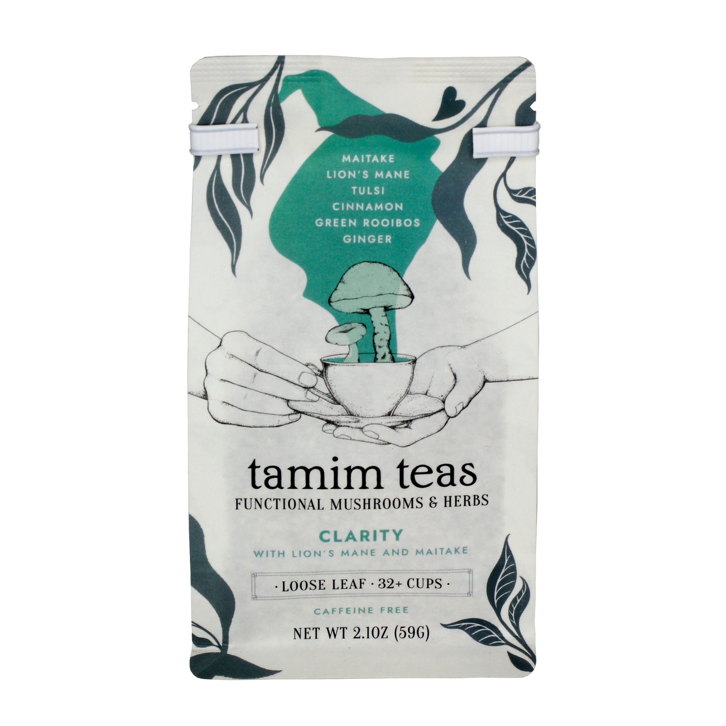 Clarity - Tamim Teas - with Lion's Mane & Maitake - retail pouch - front
About This Blend: Woodsy, Floral, Warming