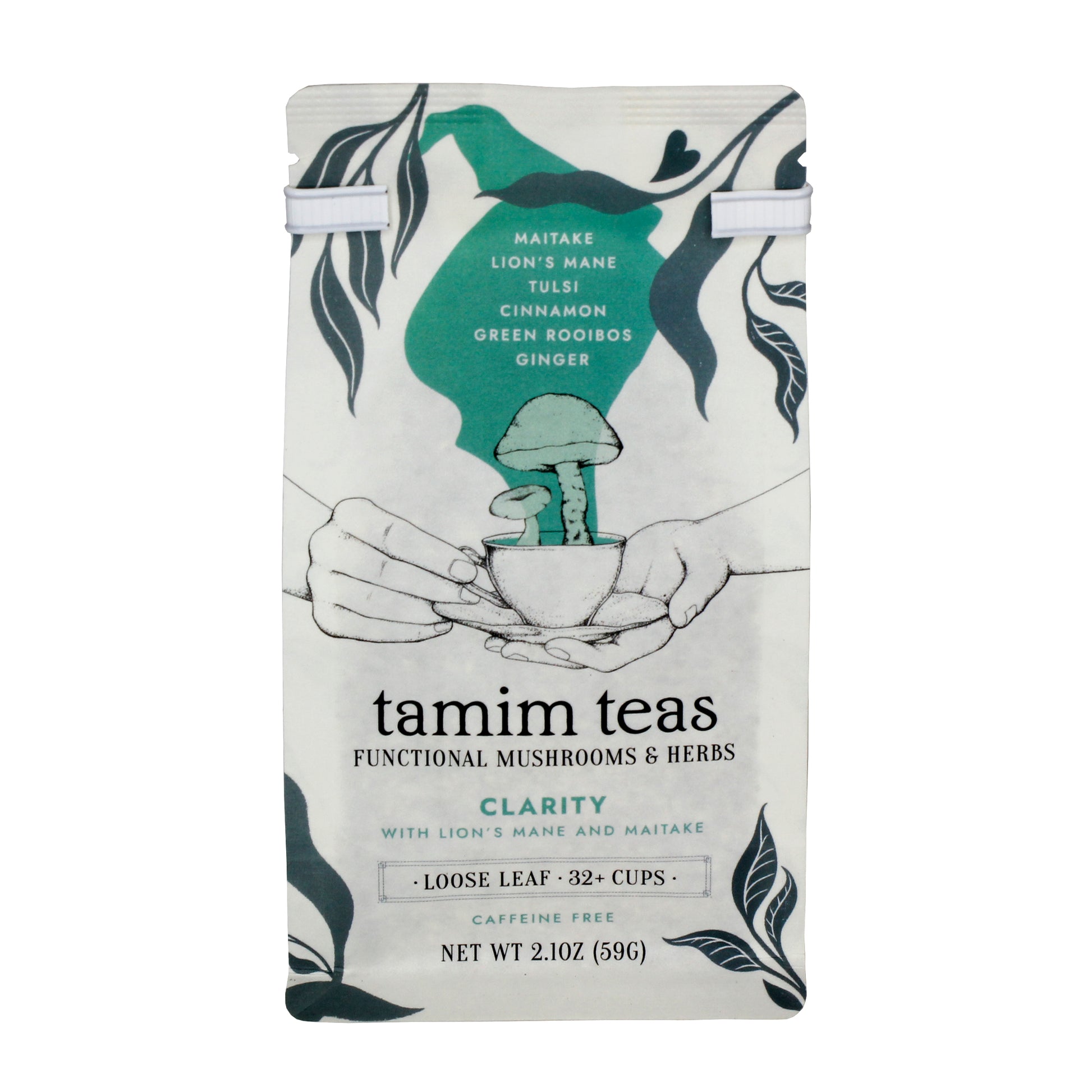 Clarity - Tamim Teas - with Lion's Mane & Maitake - retail pouch - front
About This Blend: Woodsy, Floral, Warming