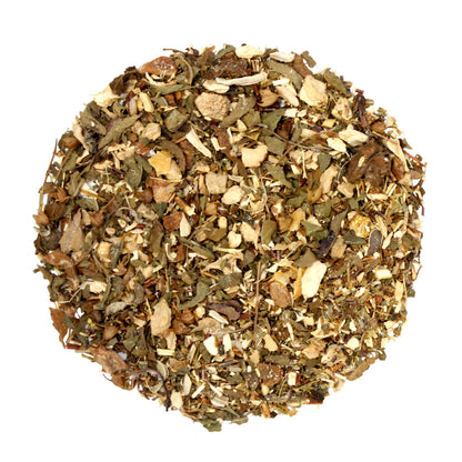 Loose pile of Clarity - Tamim Teas - with Lion's Mane & Maitake on a white background. Ingredients: Organic tulsi, organic green rooibos, organic ginger, *organic lion's mane mushroom, organic cinnamon, *organic maitake mushroom, organic orange peel. *US organic family farmers