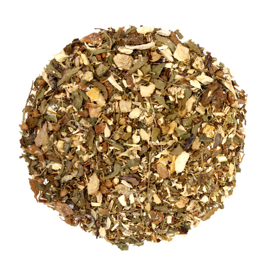 Loose pile of Clarity - Tamim Teas - with Lion's Mane & Maitake on a white background. Ingredients: Organic tulsi, organic green rooibos, organic ginger, *organic lion's mane mushroom, organic cinnamon, *organic maitake mushroom, organic orange peel. *US organic family farmers