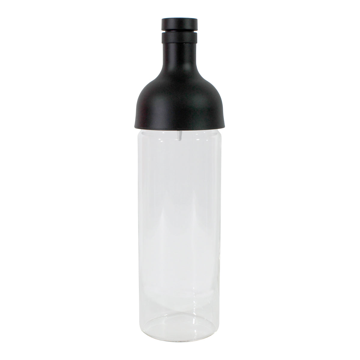 A clear plastic cold brew tea infuser bottle with a black lid.