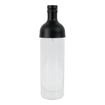 A clear plastic cold brew tea infuser bottle with a black lid.