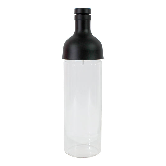 A clear plastic cold brew tea infuser bottle with a black lid.
