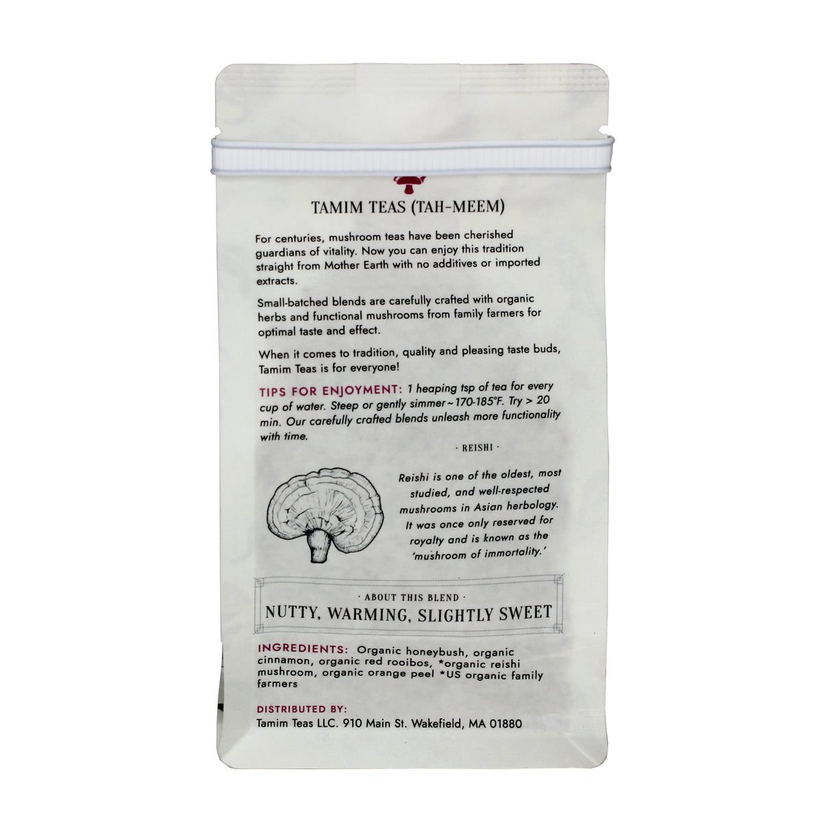 Delight - Tamim Teas - with Reishi & Cinnamon - retail pouch - back  About This Blend: Nutty, Warming, Slightly Sweet