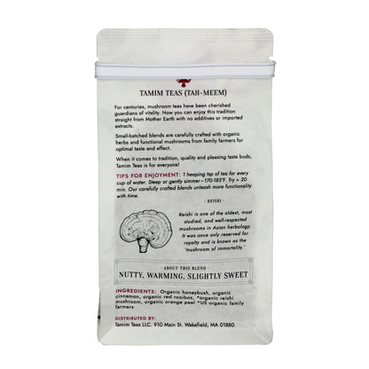 Delight - Tamim Teas - with Reishi & Cinnamon - retail pouch - back  About This Blend: Nutty, Warming, Slightly Sweet