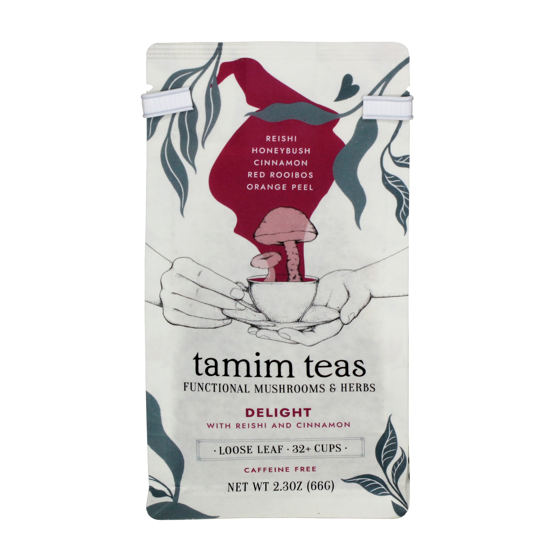 Delight - Tamim Teas - with Reishi & Cinnamon - retail pouch - front About This Blend: Nutty, Warming, Slightly Sweet