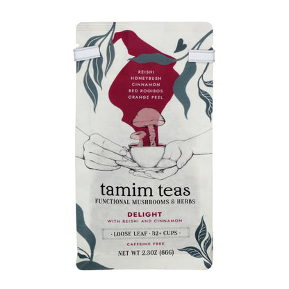 Delight - Tamim Teas - with Reishi & Cinnamon - retail pouch - front About This Blend: Nutty, Warming, Slightly Sweet