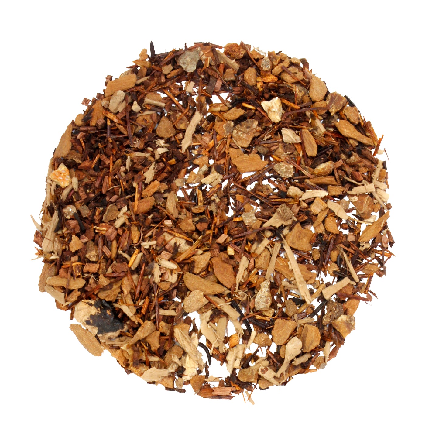 Loose pile of Delight - Tamim Teas - with Reishi & Cinnamon on white background. Ingredients:Organic&nbsp;honeybush, organic cinnamon, organic red rooibos, *organic reishi mushroom, organic orange peel.*US organic family farmers