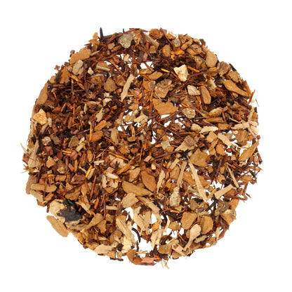 Loose pile of Delight - Tamim Teas - with Reishi & Cinnamon on white background. Ingredients:Organic&nbsp;honeybush, organic cinnamon, organic red rooibos, *organic reishi mushroom, organic orange peel.*US organic family farmers