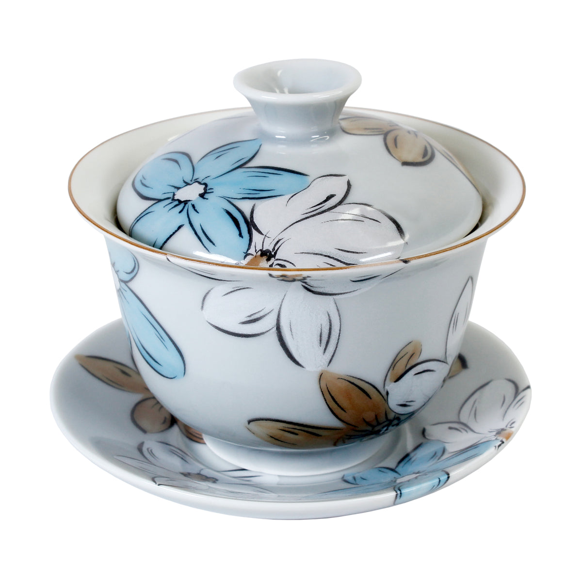 Ceramic gaiwan, lid and saucer with light blue, white and light brown floral design on a white background