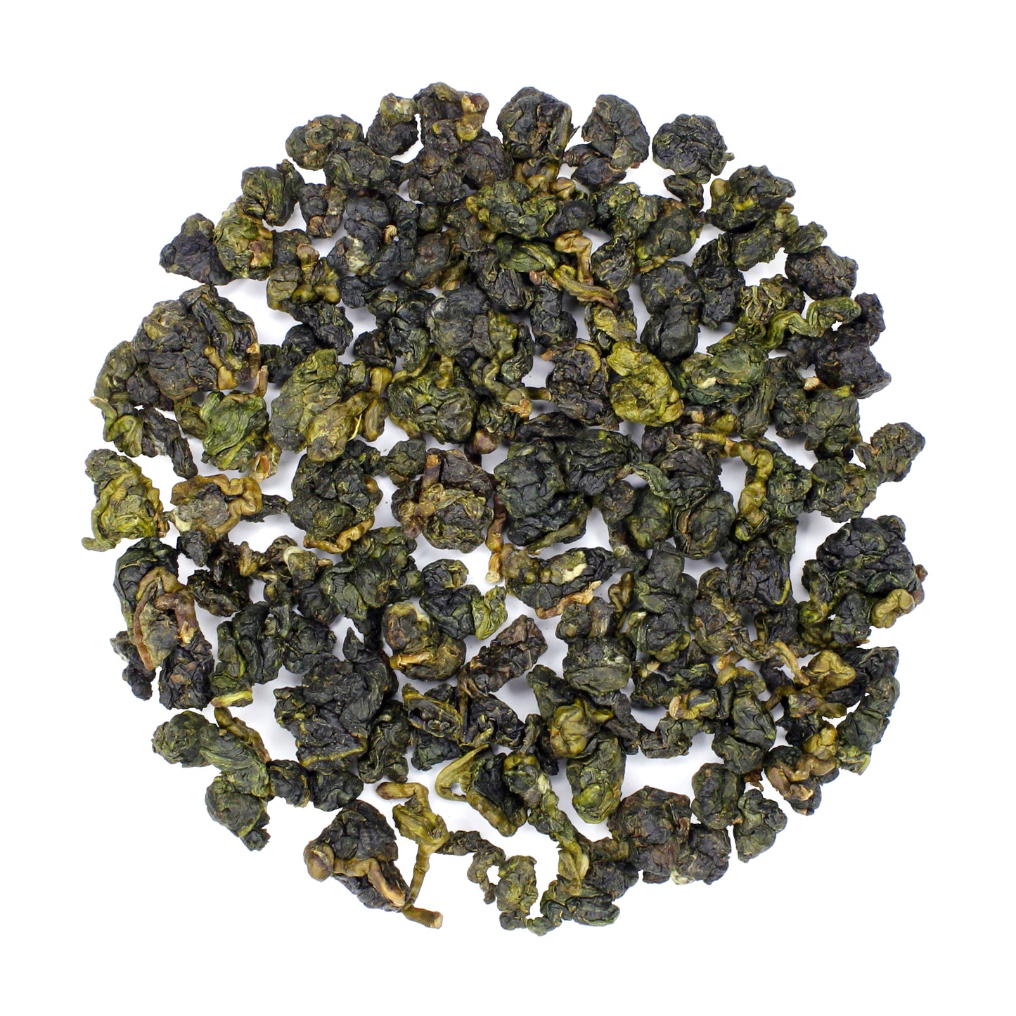 Loose pile of Golden Buds Milk Oolong: Jin Xuan on a white background. Ingredients: Camellia sinensis leaves.