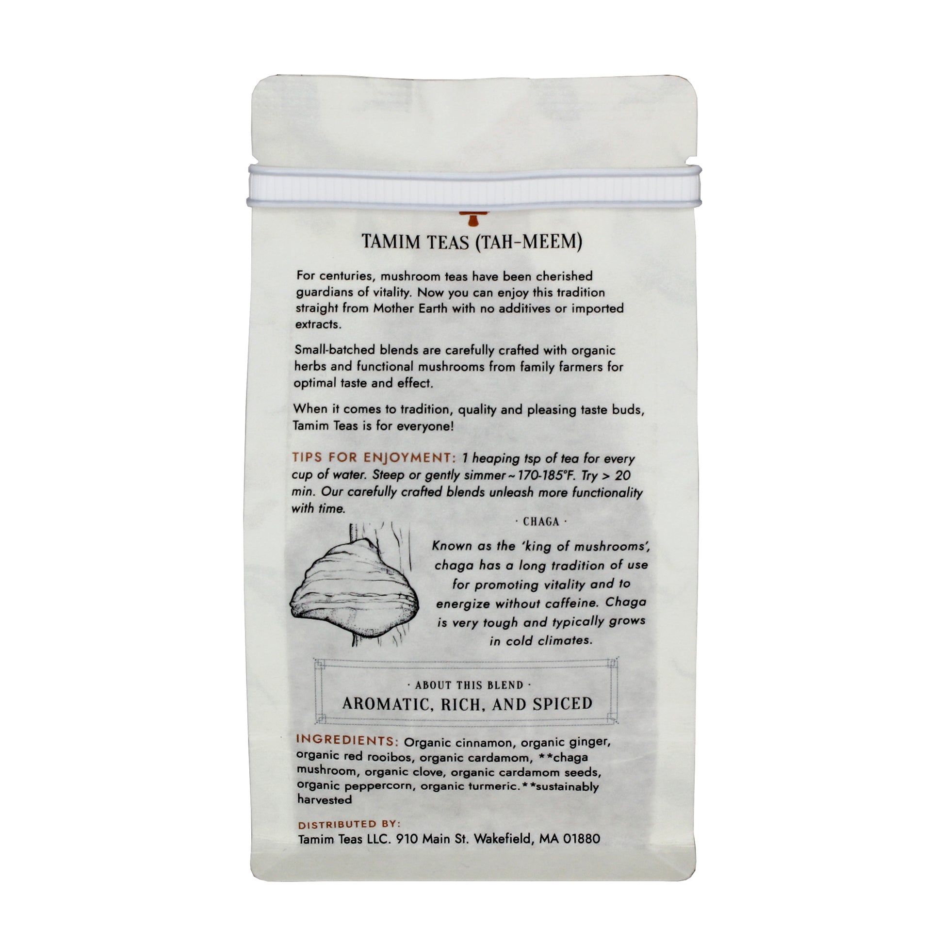 Herbal Chai - Tamim Teas - w Chaga & Turmeric - retail pouch - back About This Blend: Aromatic, Rich, and Spiced