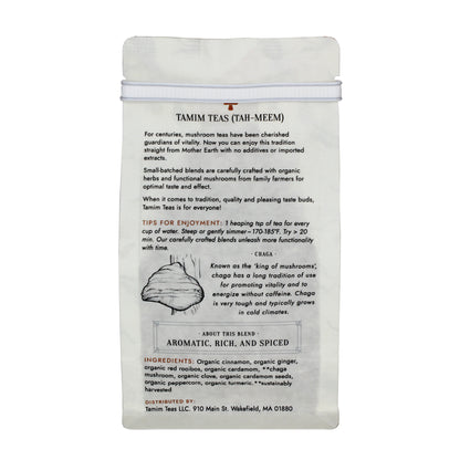 Herbal Chai - Tamim Teas - w Chaga & Turmeric - retail pouch - back About This Blend: Aromatic, Rich, and Spiced