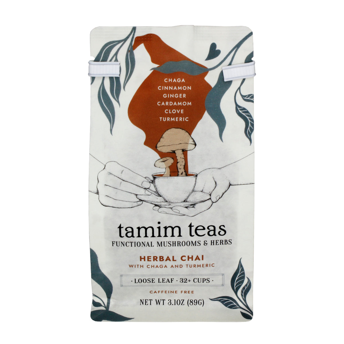 Herbal Chai - Tamim Teas - w Chaga & Turmeric - retail pouch - front About This Blend: Aromatic, Rich, and Spiced