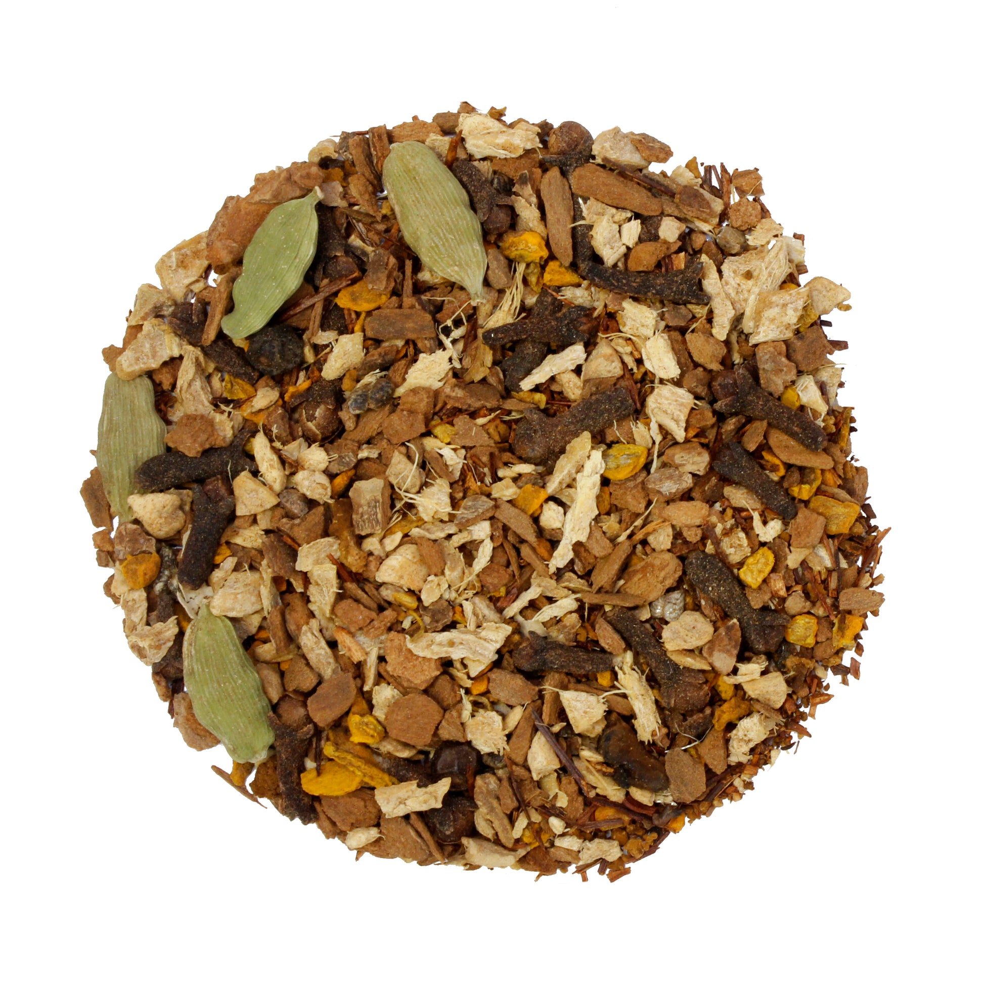 Loose pile of Herbal Chai - Tamim Teas - w Chaga & Turmeric - product on a white background. Ingredients: Organic cinnamon, organic ginger, organic red rooibos, organic cardamom, chaga mushroom*, organic clove, organic cardamom, organic peppercorn, organic turmeric.