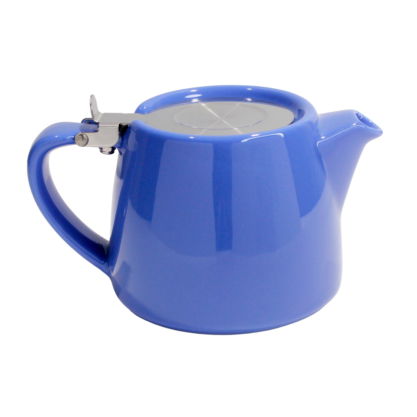 Blue ceramic teapot on a white background. 