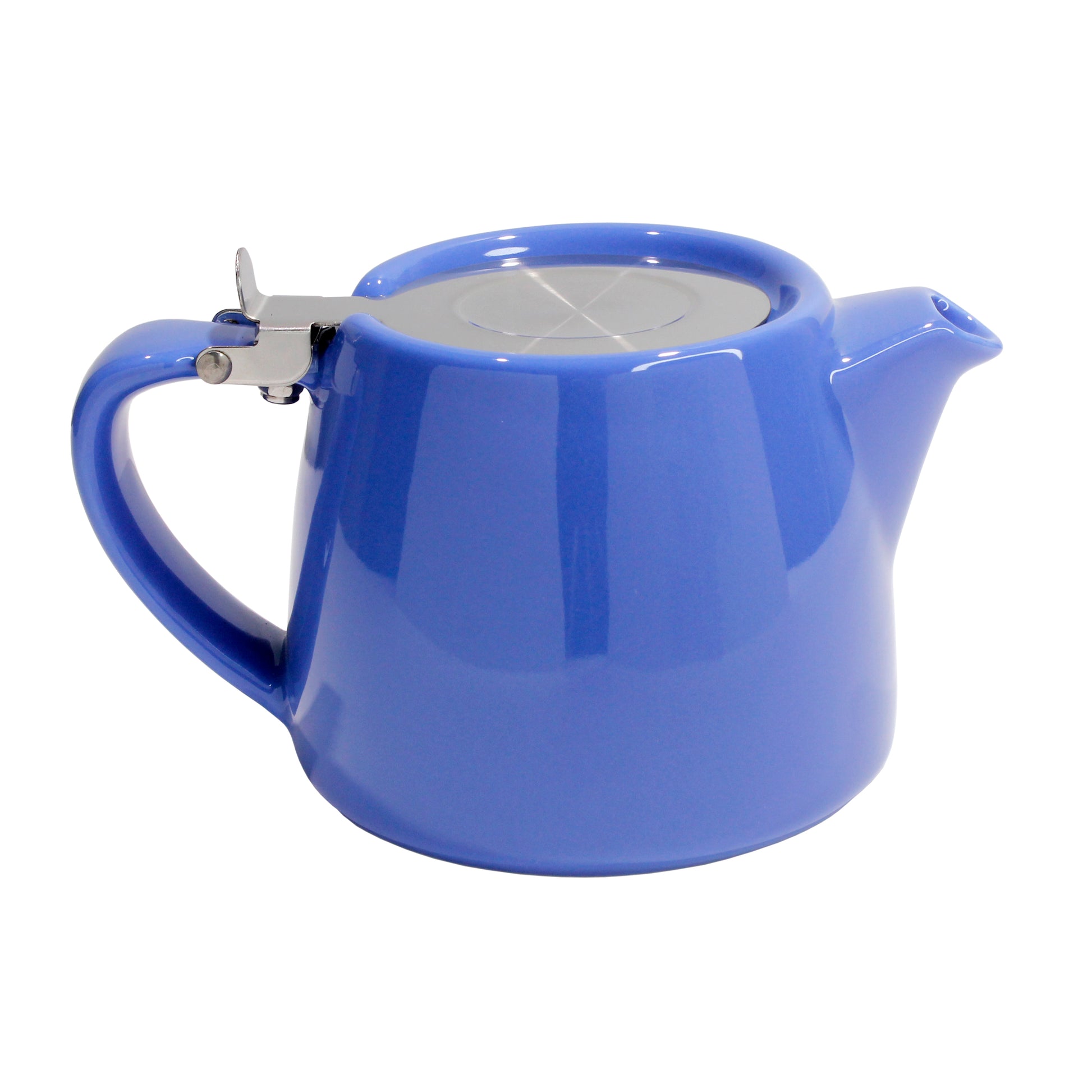 Blue ceramic teapot on a white background. 