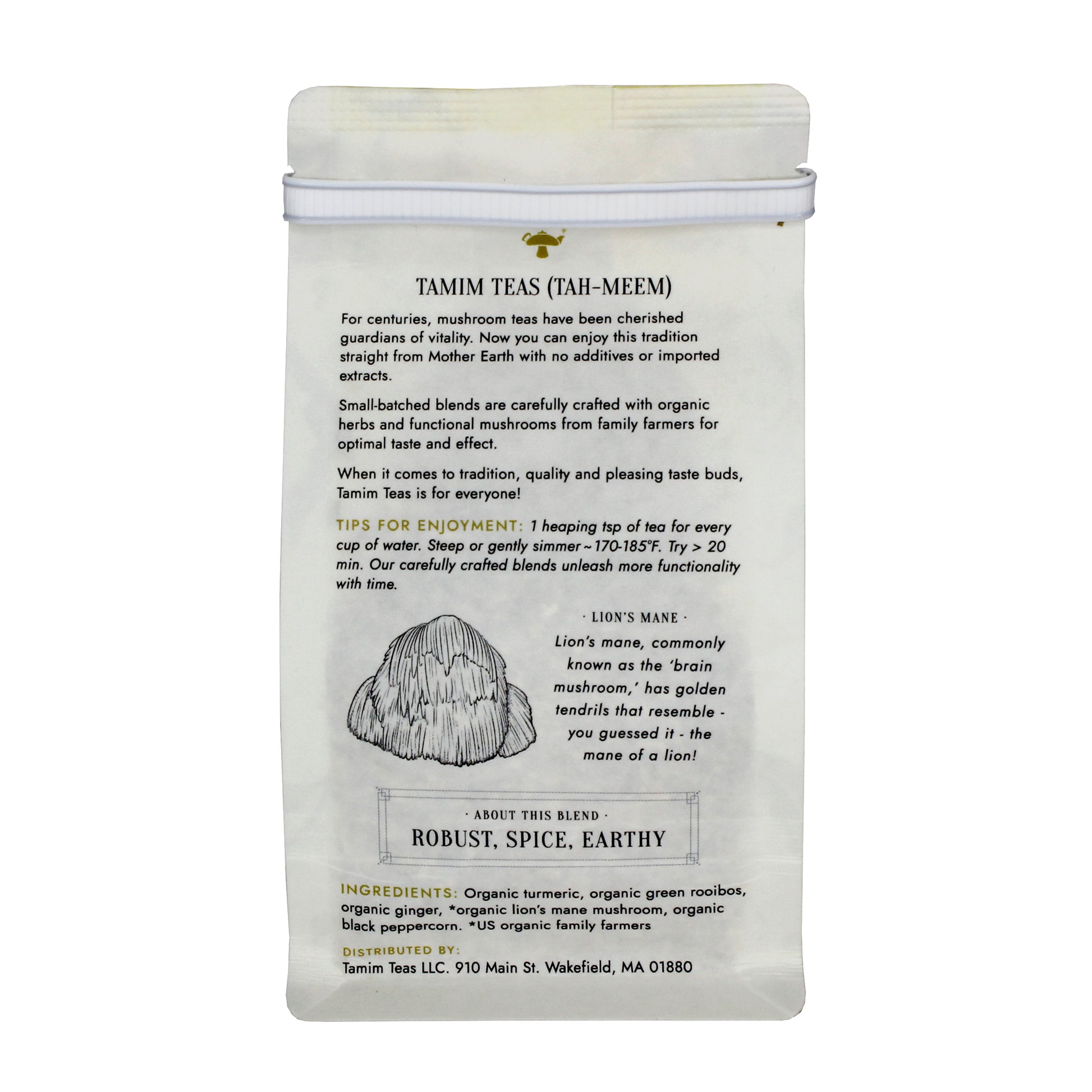 Lion's Spice - Tamim Teas - w Lion's Mane & Turmeric - retail pouch - back About This Blend: Robust, Spicy, Earthy